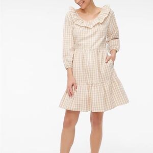 J Crew Women’s Size 6 Seersucker Ruffle Neck Mini Dress Dress Tan Long Sleeve